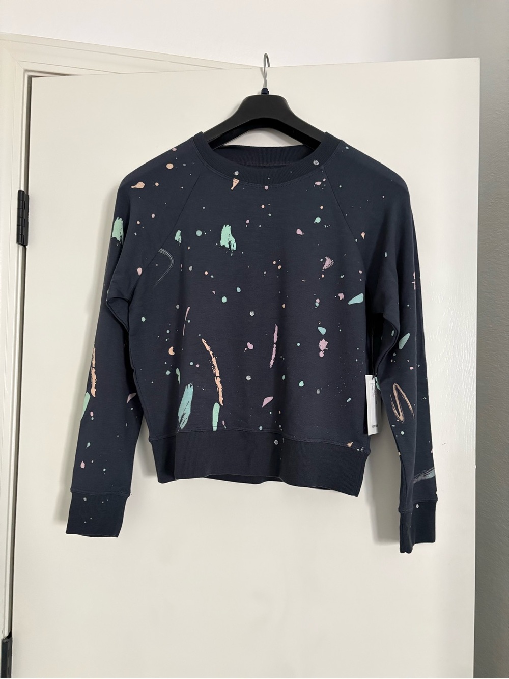 Splits59 Black Crewneck Sweatshirt with Mint and Blush Paint Splatter